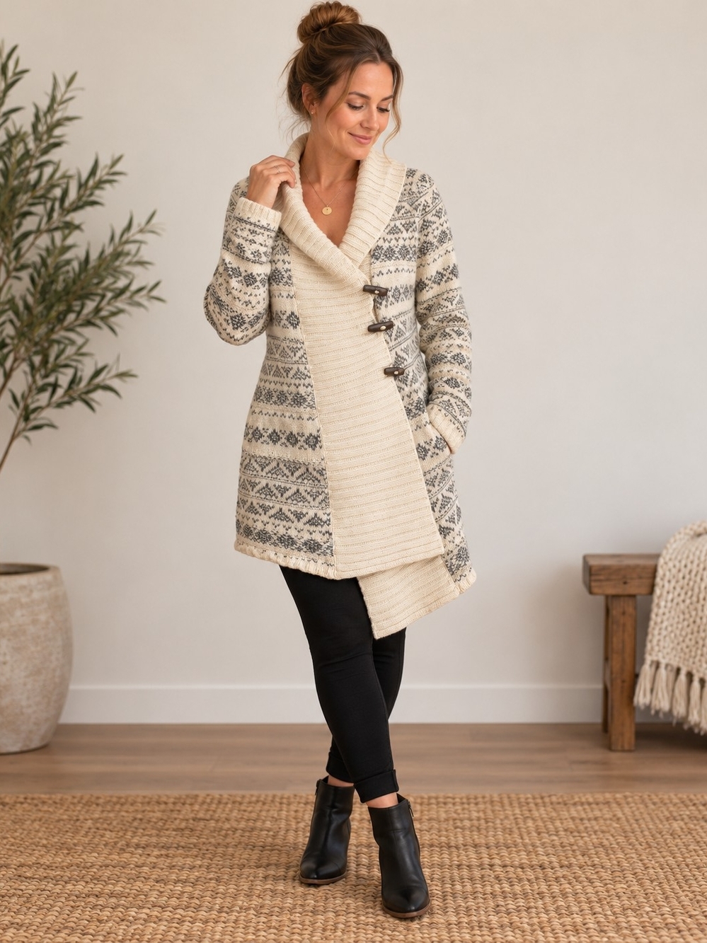 Woolrich Cream and Gray Fair Isle Shawl-Collar Toggle Cardigan